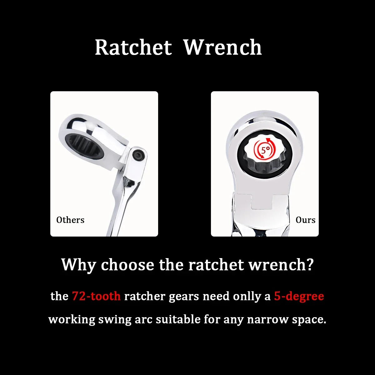 72-Tooth Ratchet Spanner — Flexible Head Wrench, 6–27mm Mirror Finish